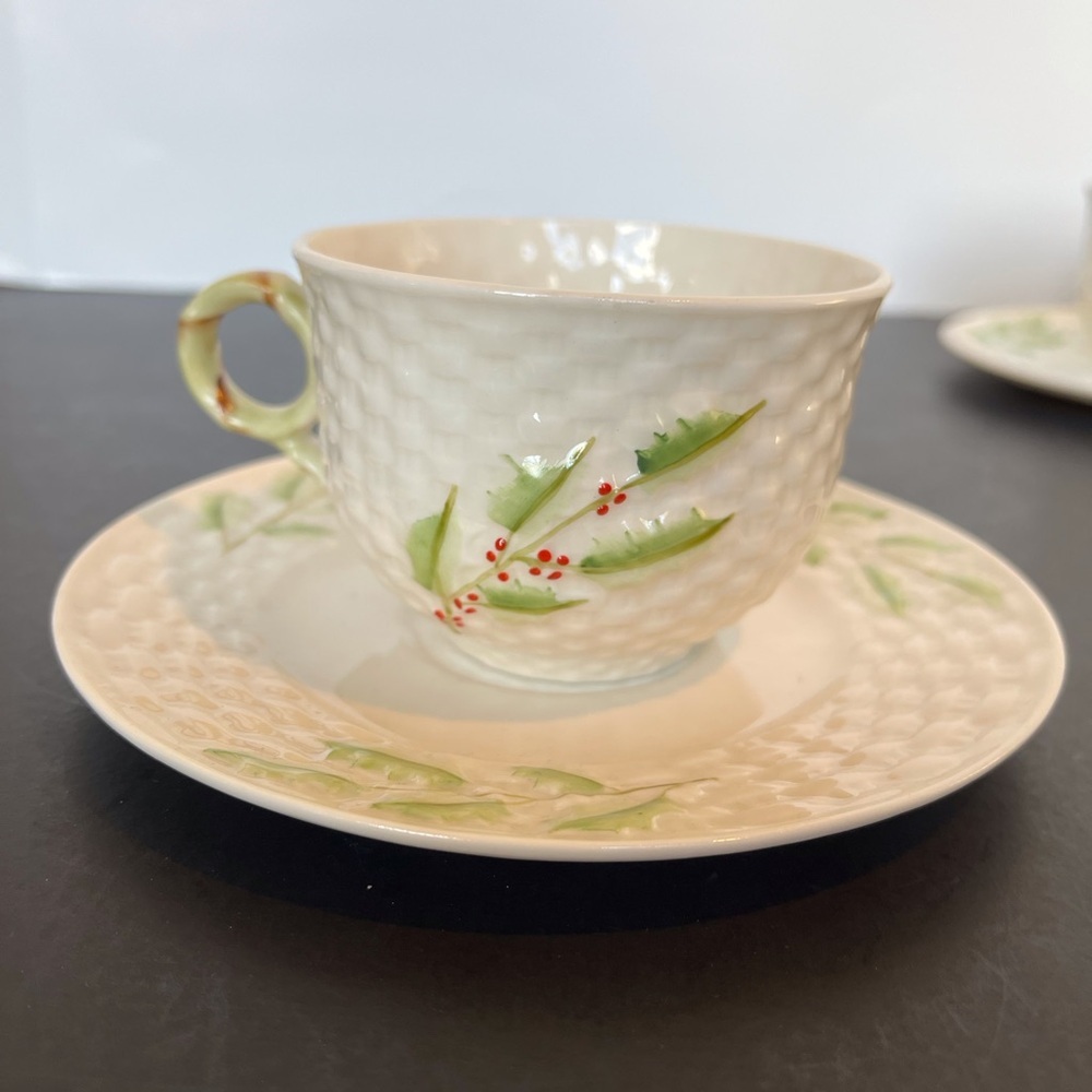 Vintage Christmas Belleek Enchanted Holly Cup and Saucer  Rare
